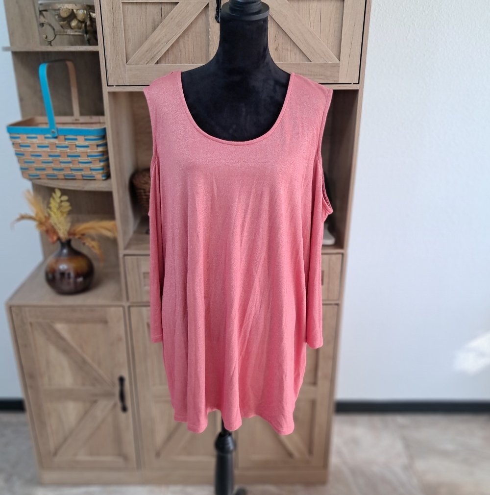 Jessica London Tunic Cold Shoulder Pink Silver Shimmer Scoop Neck Short Sleeve